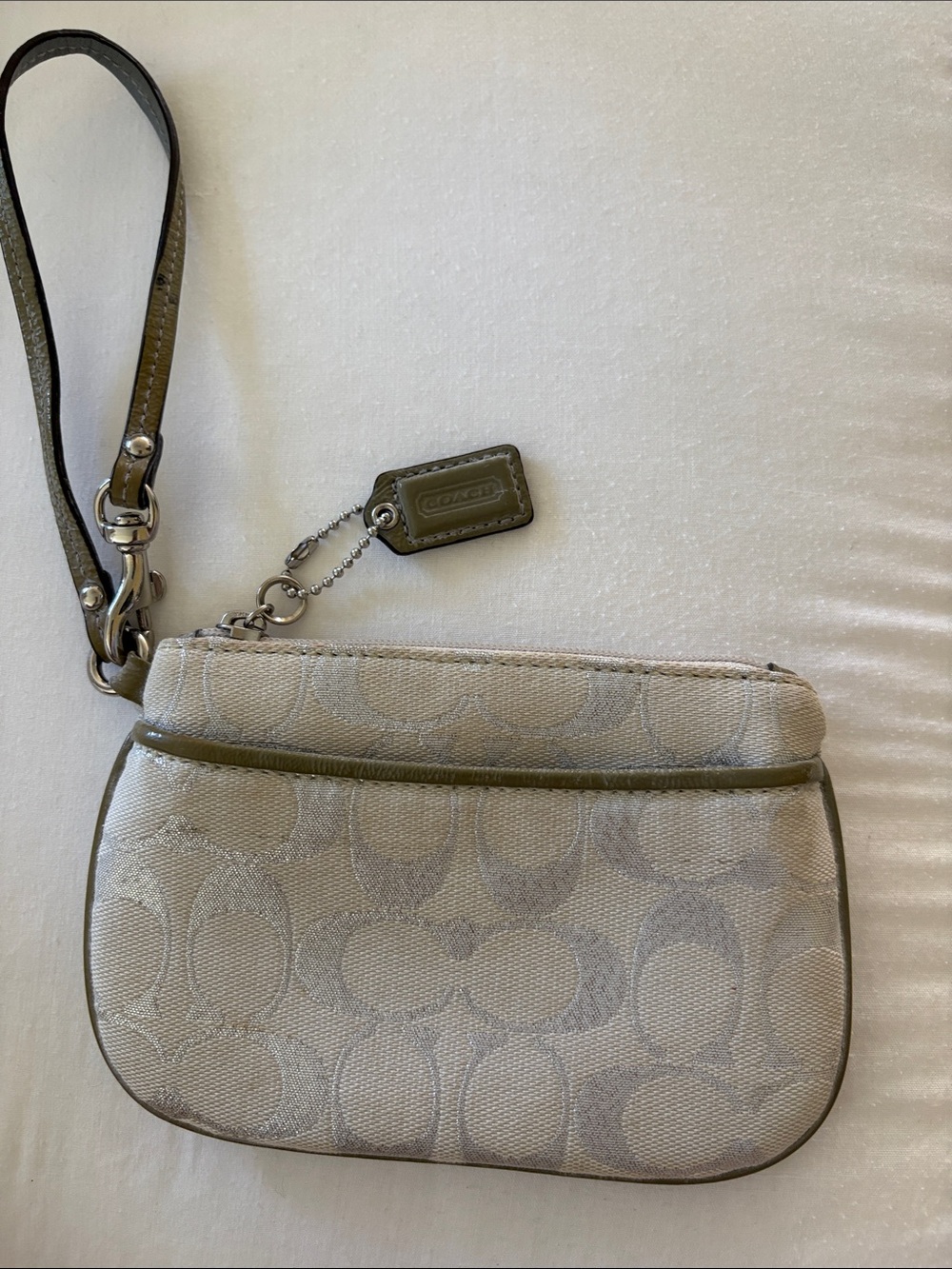 Coach Cream Signature Canvas Wristlet with Olive Trim